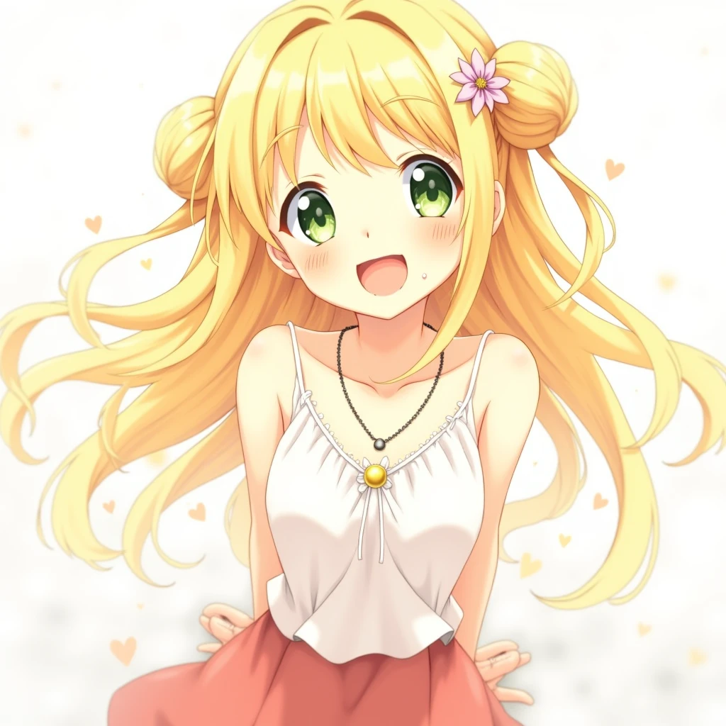 score_9, score_8_up, score_7_up, source_anime, jougasaki rika, long hair, blonde hair, two side up, green eyes, 1girl, solo, open mouth, jewelry, smile, bow, hair bow, necklace, flower, skirt, looking at viewer