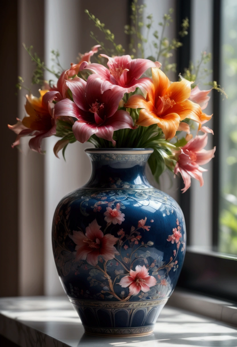 Ceramics, a beautiful ceramic vase, hand-crafted, intricate floral patterns, glossy glazed surface, (4k,8k,highres:1.2), ultra-detailed, (realistic,photorealistic,photo-realistic:1.37), studio lighting, impeccable craftsmanship, delicate brushwork, vibrant colors, elegant design, masterpiece, best quality, very aesthetic, absurdres