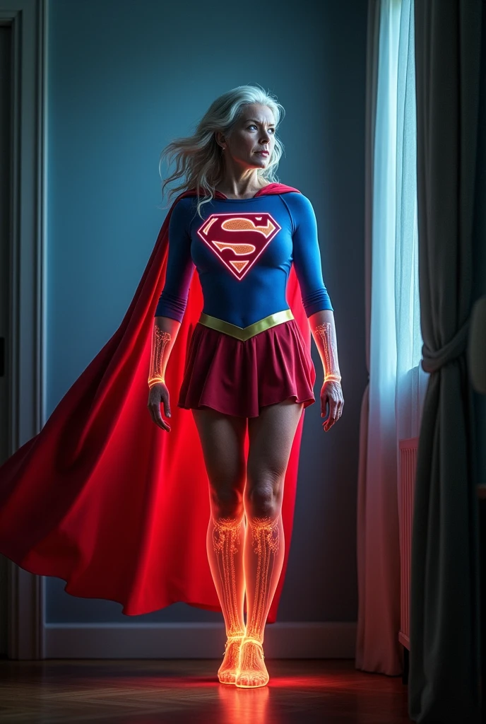 (((very beautiful old Supergirl (((1984s Supergirl movie costume))) Julie Hagerty))) Super oldwoman ; confident, powerful, indestructible, attractive; big and firm chest; strong breasts; flying in through the window and landing delicately inside an apartment, looking around (using Rx vision); floating outside a window; straight body; view from inside to outside, full body fluttering curtains, night, cinematic lighting, dramatic pose, beautiful detailed eyes, beautiful detailed lips, extremely detailed face and features, elegant, graceful, flowing cape, vibrant colors, hyperrealistic, 8k, high quality, intricate details, photorealistic, masterpiece
