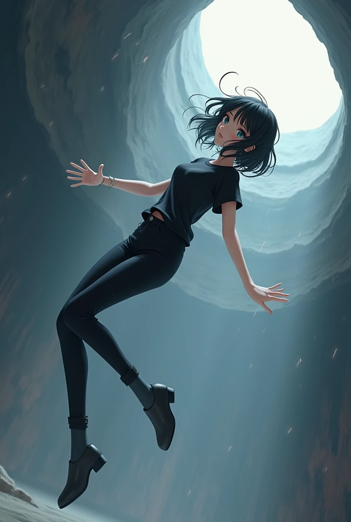 Make an anime girl, falling to the ground, She is wearing a black shirt, black pants her hair is short and channel, she is beautiful, High quality make it fall on the ground, but don&#39;t do it on the floor, I want falling