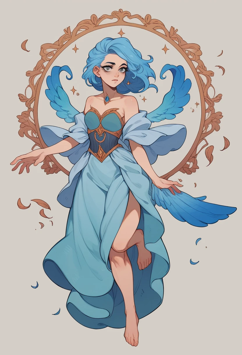 {4k image}, 1 Beautiful female ,Zephyr Stormwhisper, Wind Witch Age: 19 Appearance: Slender and ethereal, flowing pale blue hair, gray eyes like storm clouds Attire: Light and vaporous dress in shades of blue and gray, decorated with feathers and air symbols Main color: Sky blue, manga lineart (with colors), {just face and chest photo}, {centered image}