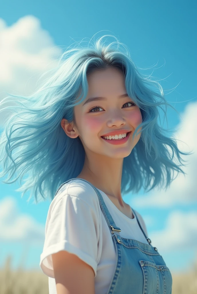 asian smiling windy girl with medium long light blue hair (20 years old)