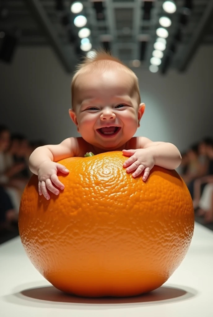 Excessive detail of an Orange with a cute smiling newborn head on top and legs underneath in a real life fashion show.