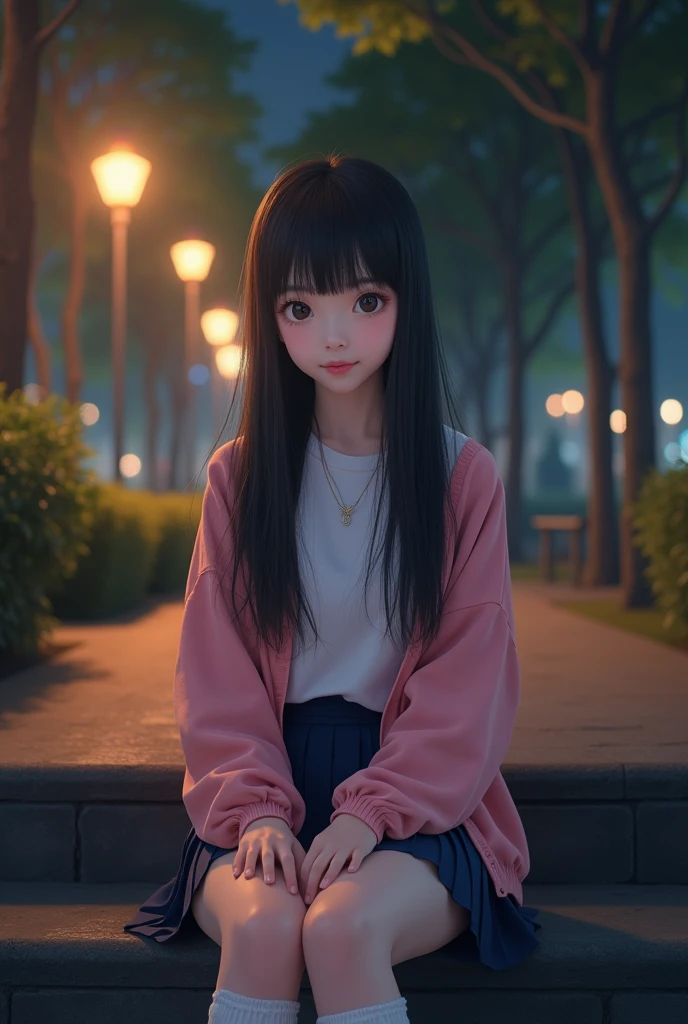 (8k、RAW photos、top quality、masterpiece:1.2)、(realistic、realistic:1.37)、1 girl、1 Japanese Idol、((The face of、cute smile、Lift your face slightly))、(pink cardigan、Uniform with ribbon on chest)、((Navy Blue Pleated Mini Skirt))、(White high socks)、(((White panties with ruffle trim at the edges)))、white skin、glowing skin、realistic 피부 느낌、beautiful face、young face、big eyes、black eye、high nose、black hair、straight long hair、let down one's bangs、NSFW、((((Sitting on the steps of the evening show))))、((The trees around))、((((Park at night))))、((((Moody lighting of street lights))))
information