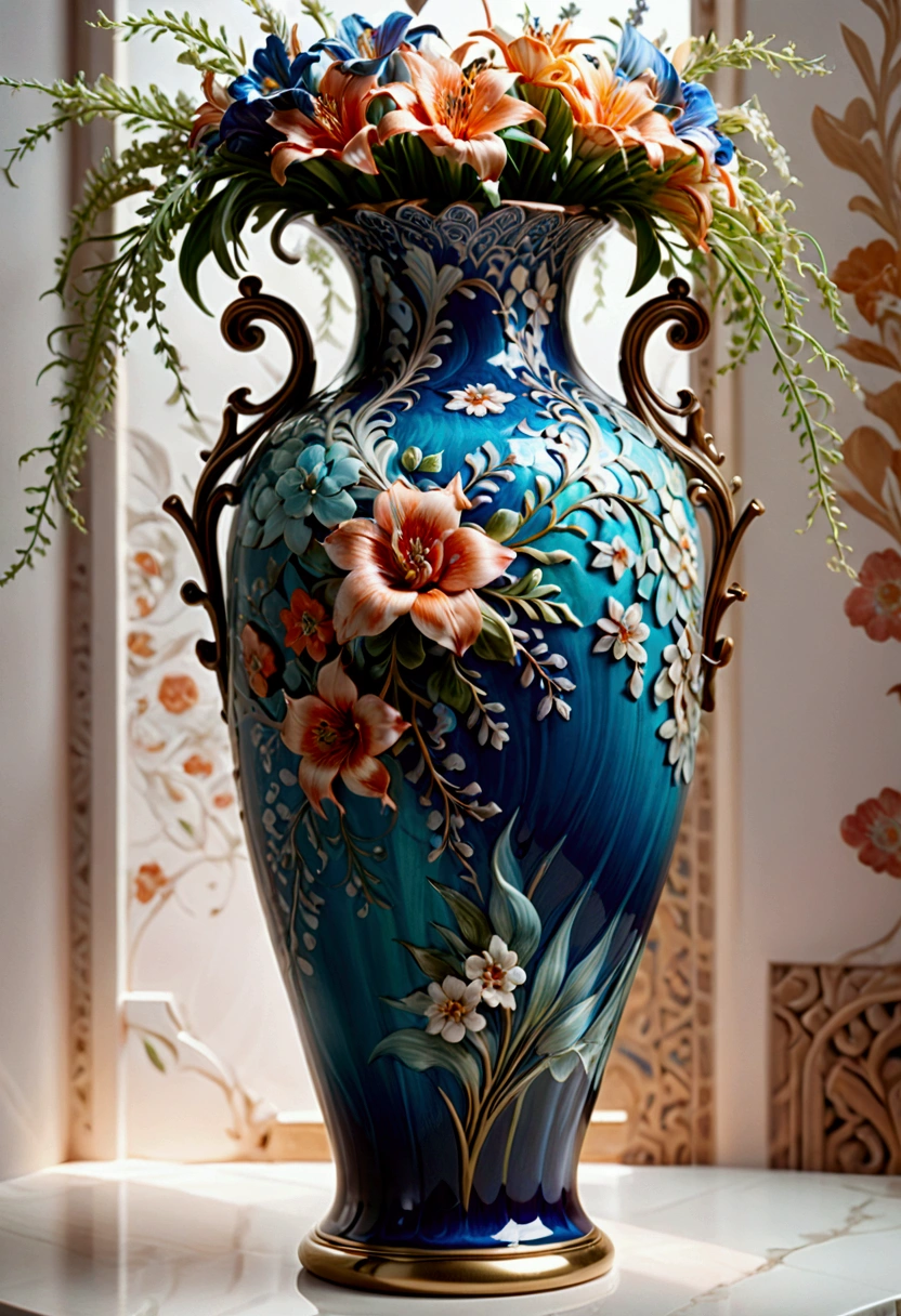 Ceramics, a beautiful ceramic vase, hand-crafted, intricate floral patterns, glossy glazed surface, (4k,8k,highres:1.2), ultra-detailed, (realistic,photorealistic,photo-realistic:1.37), studio lighting, impeccable craftsmanship, delicate brushwork, vibrant colors, elegant design, masterpiece, best quality, very aesthetic, absurdres