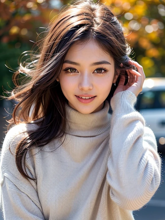 (Highest quality,High resolution,masterpiece:1.2),Very detailed,(Realistic,photoRealistic,photo-Realistic:1.37),Sharp focus,Vibrant colors,Beautiful attention to detail,Beautiful lip detail,Long eyelashes,Hair blowing in the wind,Rosy Cheeks,soft smooth skin,Natural eyebrows,Glowing eyes with exquisite detail,Slight redness in the face,A warm and inviting smile,Fine lashes with volume and length,Sparkling eyes,studio lighting bathed in sunlight,A faint atmospheric haze,Delicate shadows on the face,Perfect skin texture,expressive face,Lively expressions,Captivating Gaze,Pure joy and happiness radiating from their eyes and faces, Backlight, A small Japanese junior idol, Fluffy turtleneck sweater, ((Dynamic Angle, Physically Based Rendering)),Colorful autumn leaves、Full Body Shot、
information