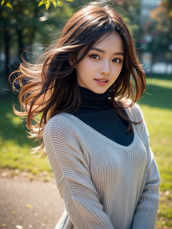 (Highest quality,High resolution,masterpiece:1.2),Very detailed,(Realistic,photoRealistic,photo-Realistic:1.37),Sharp focus,Vibrant colors,Beautiful attention to detail,Beautiful lip detail,Long eyelashes,Hair blowing in the wind,Rosy Cheeks,soft smooth skin,Natural eyebrows,Glowing eyes with exquisite detail,Slight redness in the face,A warm and inviting smile,Fine lashes with volume and length,Sparkling eyes,studio lighting bathed in sunlight,A faint atmospheric haze,Delicate shadows on the face,Perfect skin texture,expressive face,Lively expressions,Captivating Gaze,Pure joy and happiness radiating from their eyes and faces, Backlight, A small Japanese junior idol, Fluffy turtleneck sweater, ((Dynamic Angle, Physically Based Rendering)),Colorful autumn leaves、Full Body Shot、
information