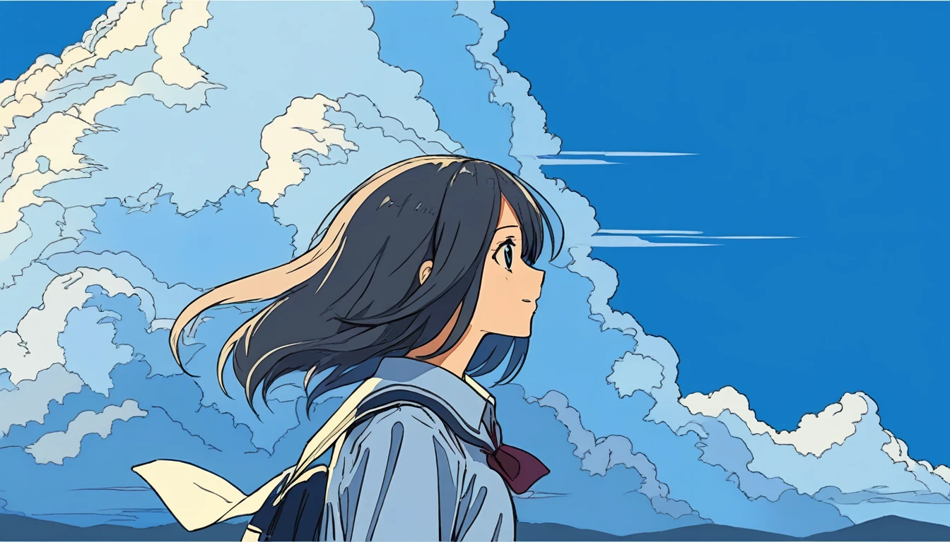 blue sky、High school girl gazing into the distance、profile、A refreshing smile、Strong winds、cumulonimbus