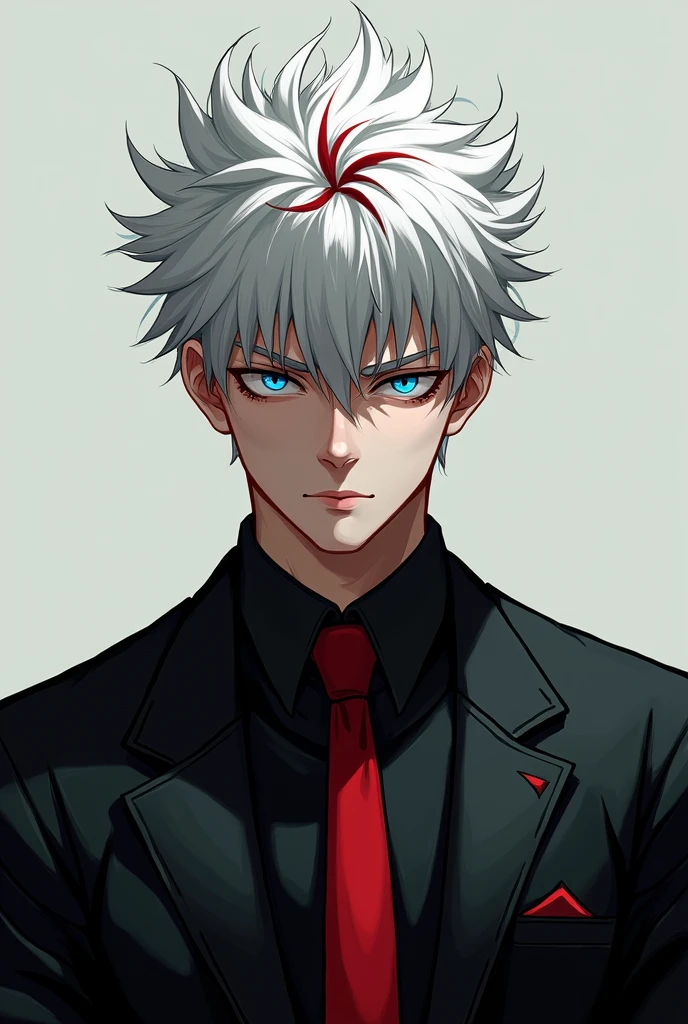 "Masterpiece, best quality, BREAK, young man, white hair,short messy hair, blue eyes,muscular femboy, insane eyes, yandere eyes, tall, black suit, red tie, black highlights, red strand of hair in the middle,tired face, 1boy, solo"