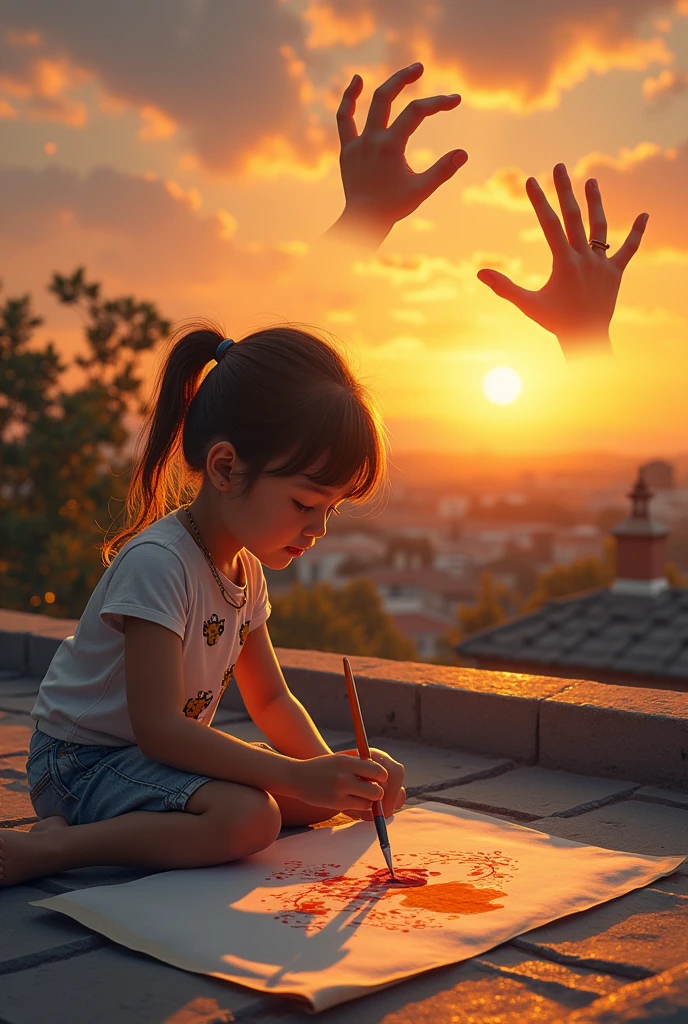 enfant de 10 avec un pinceau dessinant sur du papier au sol avec des mains parfaites sur le toit de la maison, a realistic and very precise photo more accurate , des couchers de soleil , comme un tableau de Léonard de Vinci, for 4K, 8k. The scene is close ,