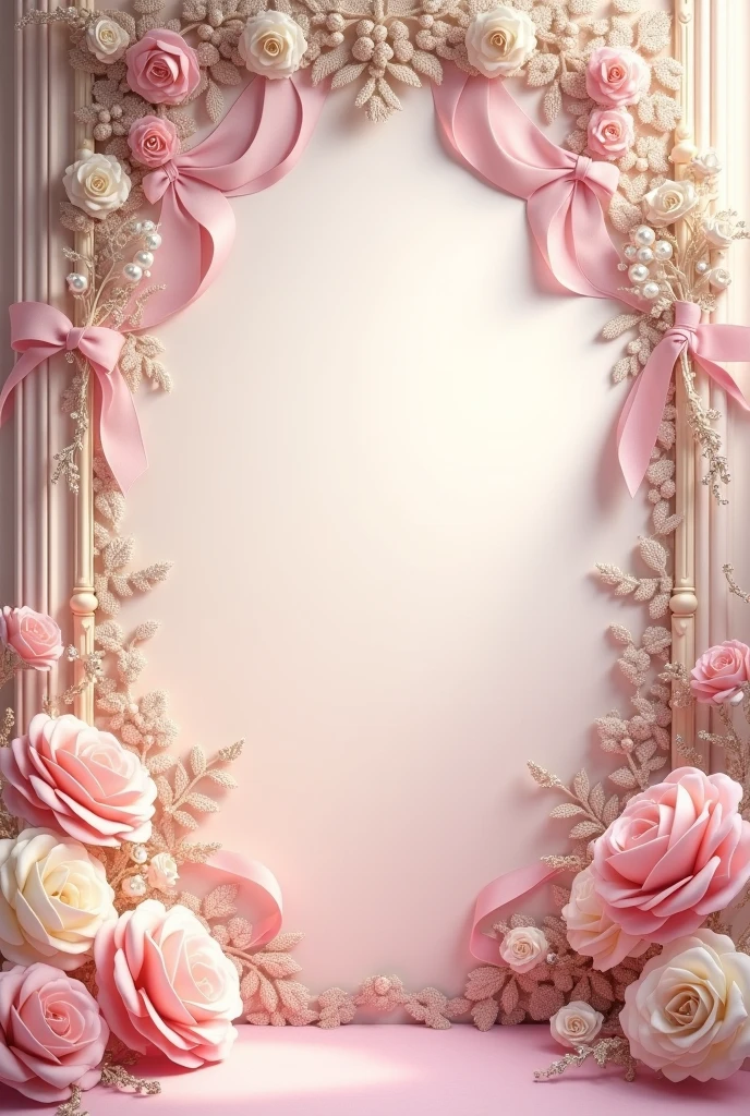 A realistic photo of a light fuchsia and cream elegant templates design, with a touch of sophistication to combine Victorian charm with Shabby Chic style, decorated with elegant lace, pearls, diamonds and ribbons. UHD, 8K resolution, masterpiece, high detailed. Hyper-realistic.