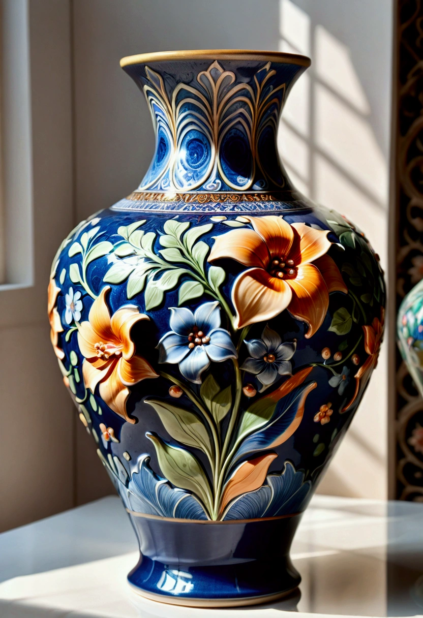 Ceramics, a beautiful ceramic vase, hand-crafted, intricate floral patterns, glossy glazed surface, (4k,8k,highres:1.2), ultra-detailed, (realistic,photorealistic,photo-realistic:1.37), studio lighting, impeccable craftsmanship, delicate brushwork, vibrant colors, elegant design, masterpiece, best quality, very aesthetic, absurdres