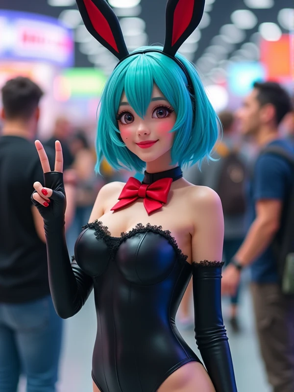 realistic adorable cosplay influencer, aqua blue hair and bangs with black long bunny ears, smile, , black strapless one piece, dark blue nylons, red bow-tie, at a comic convention, one hand giving a peace sign