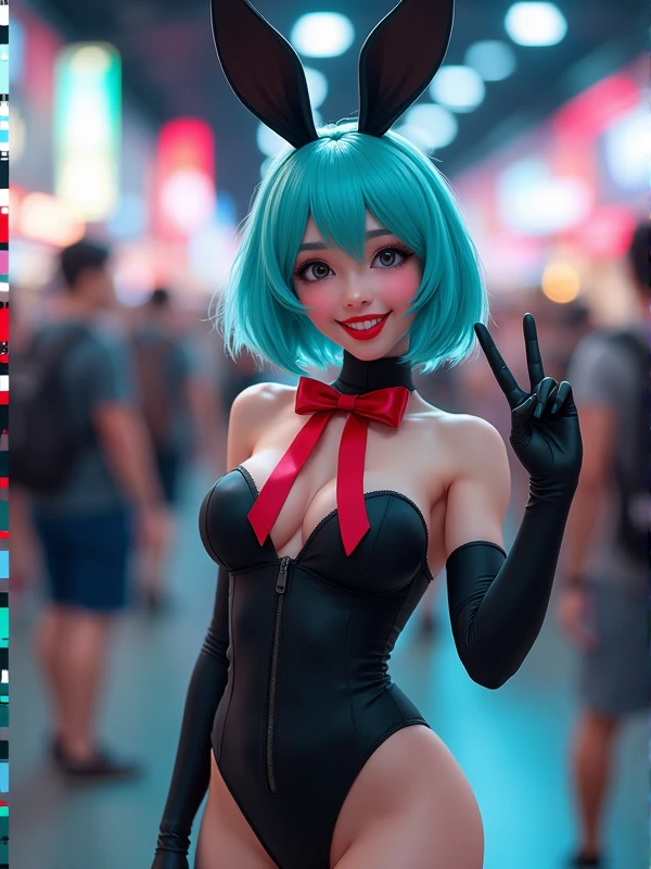 realistic adorable cosplay influencer, aqua blue hair and bangs with black long bunny ears, smile, , black strapless one piece, dark blue nylons, red bow-tie, at a comic convention, one hand giving a peace sign