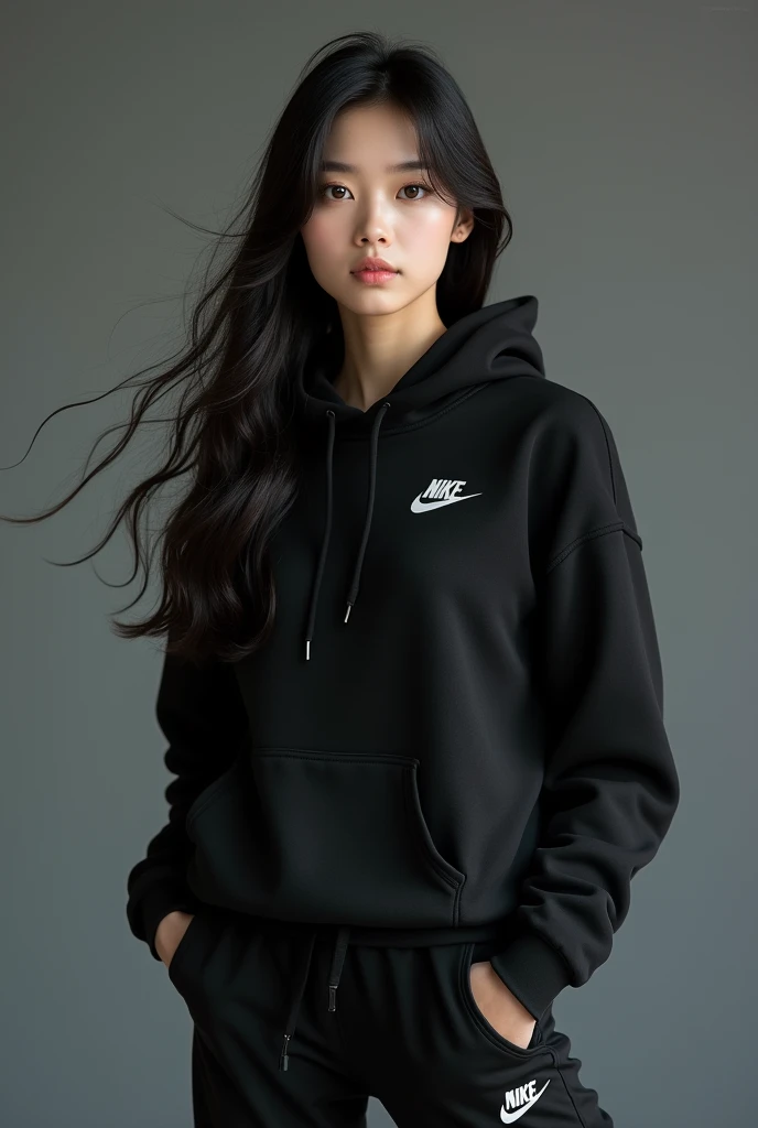 Une belle brune coréenne aux yeux bridés aux cheveux longs portant un sweat-shirt nike a capuche noir Nike et un pantalon noir Nike assorti,