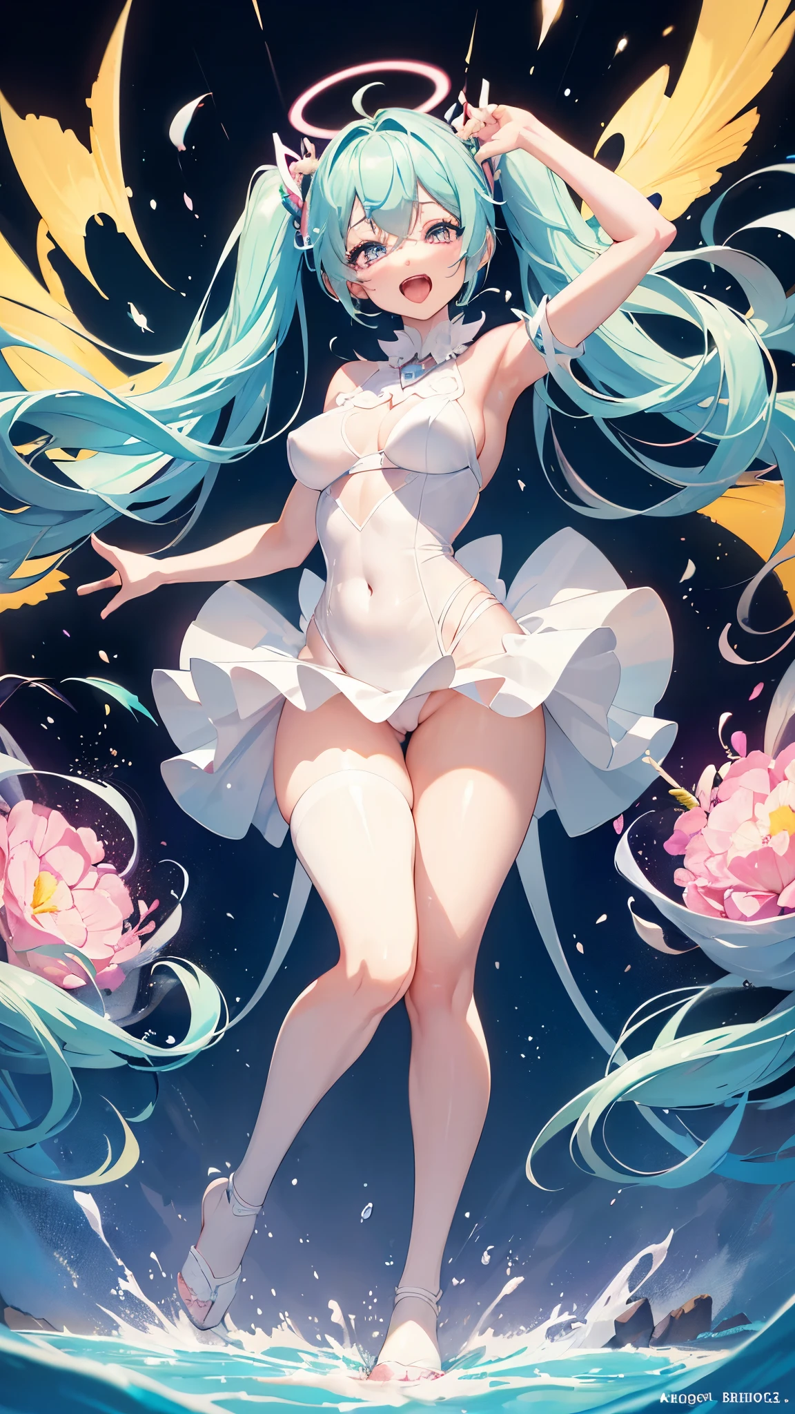 (((anime-style cute face)))、Hatsune Miku、,((((Ahegao))))、Sticking out tongue、blush、Very big eyes、anatomically correct body、Big thighs、The face is bright、Professional Lighting、Cute little breasts、(最high quality:1.2, Anime artwork, Anime Style, Studio Anime, Very detailed, up to date, Vibrant, Anime Coloring, High Contrast, masterpiece:1.2, 最high quality, Best aesthetics), 1 female, alone, Fairy, The body is slim, ((Pastel Dress, Transparent body, Transparent dress, Light effects)), (((Captivating body, Lewd Curves))), Beach Background, ,((Laughing with your mouth open:1.2)), Normal hip joint,, Put your arms behind your head, (Color coding, Sexy Fishnet Stockings, Shiny costumes), Beautiful Skin, Beautiful Skin, Perfect Fingers, Five Fingers, Anatomically correct, Background Blur, high quality, Surreal, Bright colors,