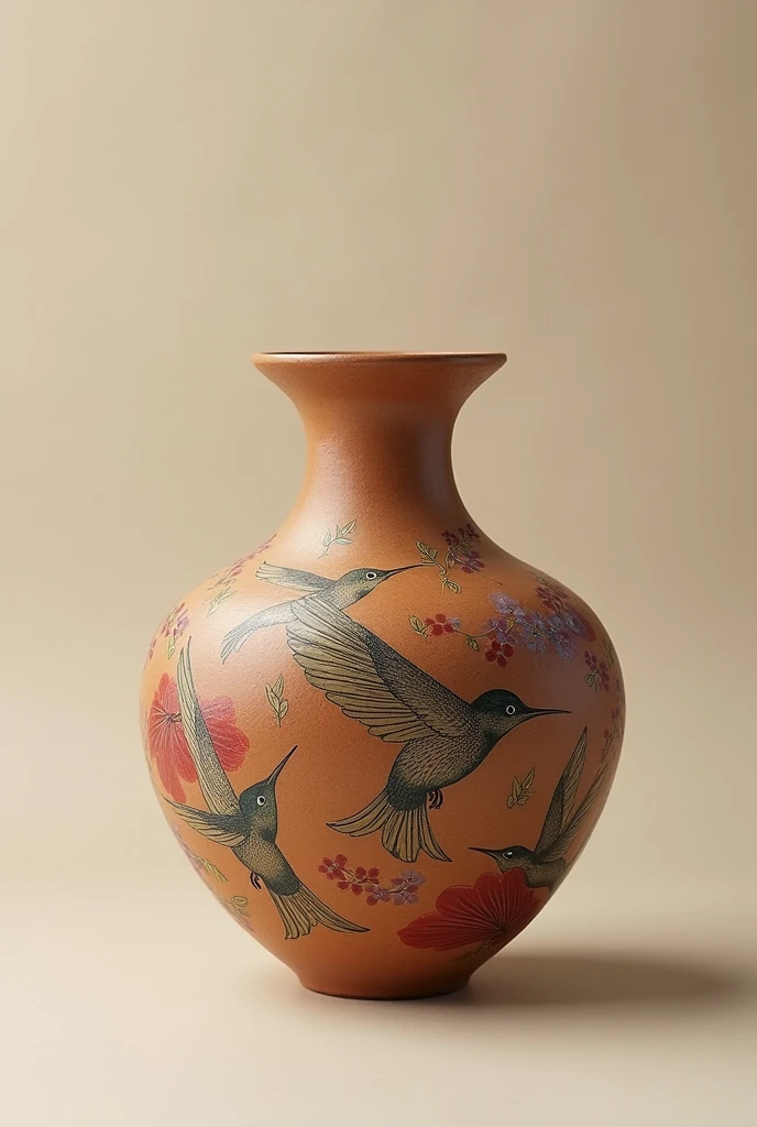 A brown vase with hummingbird and flower drawings very easy for 1500 soles