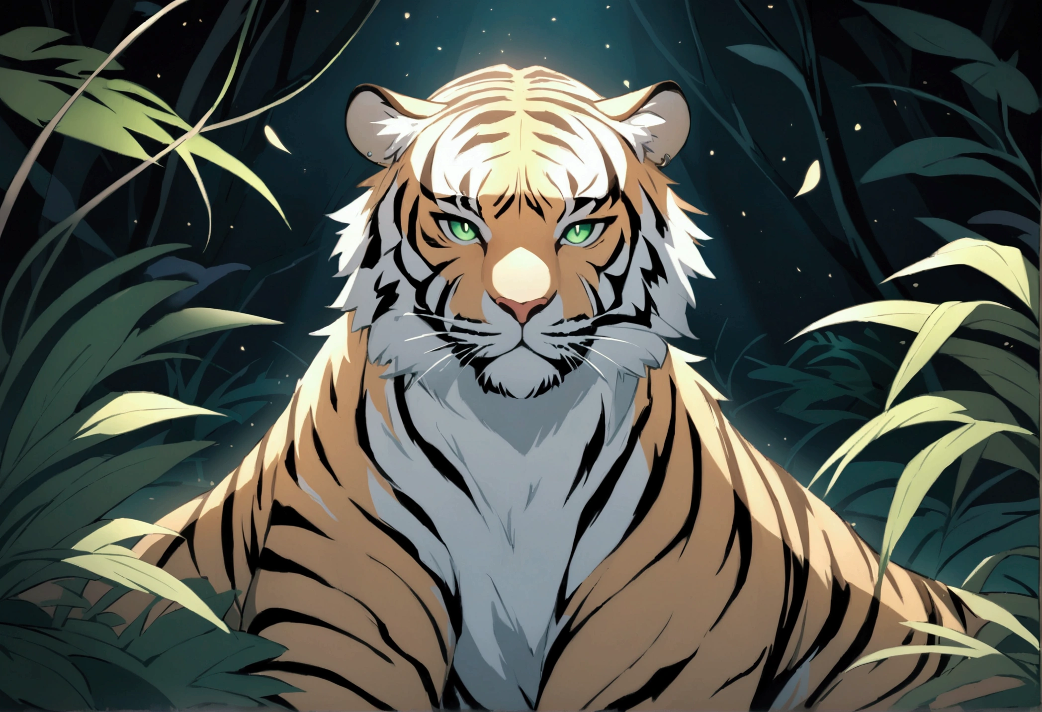 A mesmerizing portrait of a bio-luminescent tiger, its coat shimmering with a golden glow that contrasts beautifully against the dark, mysterious jungle. The tiger's piercing green eyes exude an intense awareness, highlighting its keen instincts. The surrounding foliage is subtly illuminated by the tiger's radiance, creating an enchanting yet slightly eerie ambiance that captures the viewer's attention.