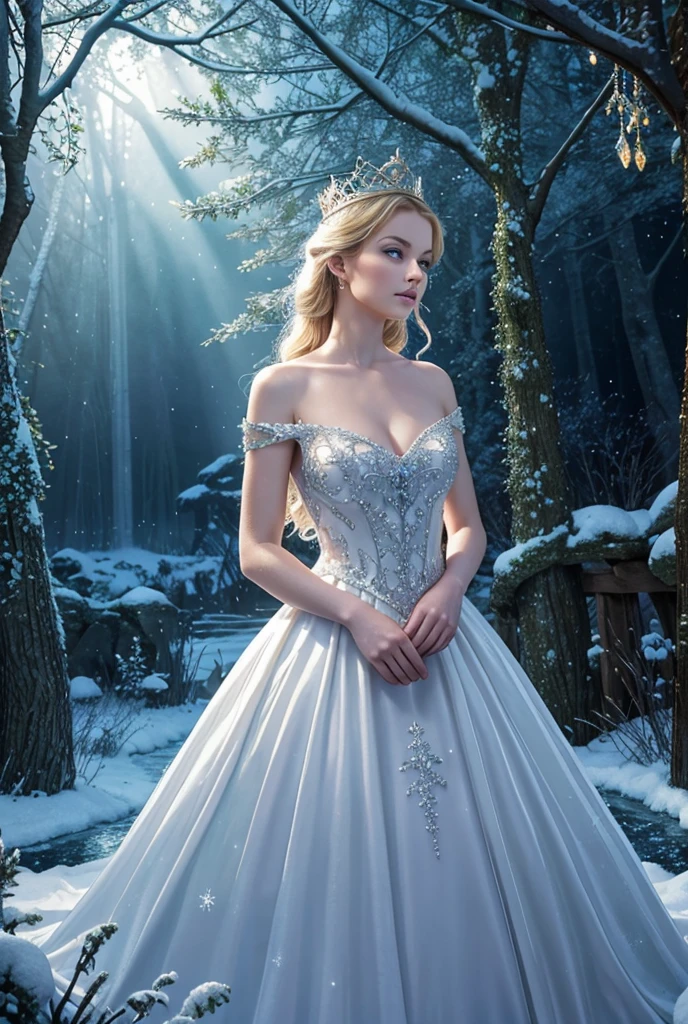 Realistic:1.37, White snow, queen, lush green forest, Sparkling magic mirror, magic apple, pure princess, fairy tale stage:, Magical atmosphere, storybook illustration, Mystical elements, Dark and light contrast, Elegant
gown, Princess, reflection, malice, magical forest creatures, sparkling stars, Mystical charm, Snowy landscape, mirror shard, royal crown, Delicate snowflakes, Innocent beauty, mesmerizing eyes, Poison apple, Eerie sounding, Eerie silence, surreal compositions, Dramatic Lighting, Fantasy Realm, enchanted castle, Golden accent, Forbidden desires, Apple tree, Breathtaking details,Glass-like surface, magical transformation, A queen&#39;cold stare, Undeservedly beautiful, Vibrant colors, girl, a baby face, childish, Off shoulder dress, A smile, voluminous long skirt, short-hair, pose sensual, sexy pose, Face Close-up, Shot from directly above, Looking at the camera, (Burstingly Big Breasts:1.7)