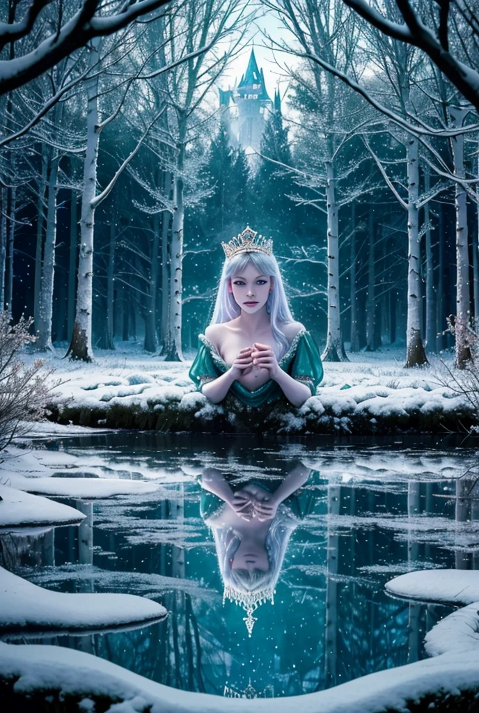 Realistic:1.37, White snow, queen, lush green forest, Sparkling magic mirror, magic apple, pure princess, fairy tale stage:, Magical atmosphere, storybook illustration, Mystical elements, Dark and light contrast, Elegant
gown, Princess, reflection, malice, magical forest creatures, sparkling stars, Mystical charm, Snowy landscape, mirror shard, royal crown, Delicate snowflakes, Innocent beauty, mesmerizing eyes, Poison apple, Eerie sounding, Eerie silence, surreal compositions, Dramatic Lighting, Fantasy Realm, enchanted castle, Golden accent, Forbidden desires, Apple tree, Breathtaking details,Glass-like surface, magical transformation, A queen'cold stare, Undeservedly beautiful, Vibrant colors, girl, a baby face, childish, Off shoulder dress, A smile, voluminous long skirt, short-hair, pose sensual, sexy pose, Face Close-up, Shot from directly above, Looking at the camera, (Burstingly Big Breasts:1.7)
