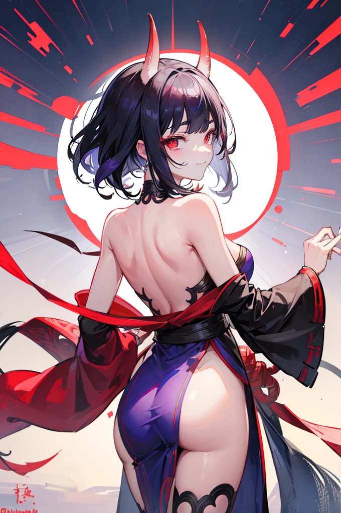 Highest quality　Highest quality　Draw a face carefully　High-definition anime-style face　Super Glowing Skin　Black Hair　Shuten Doji　Shuten Dojiの衣装　lure　smile　Rear view　Back view　Ass close up