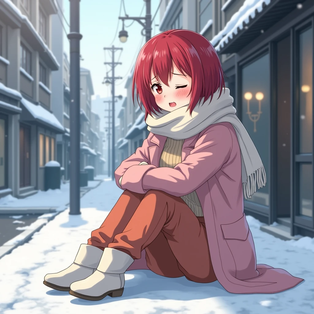 An 1 style anime woman, sitting on the sidewalk in a city in Japan covered with light snow in the afternoon. Mide 171 cm, its measures: B 60, W 30,H 80; She has short carmine red hair, His eyes are small and crimson red, She has a pained expression as he moans while closing one eye, She is wearing a pink coat, White jersey scarf, beige plain crew neck fitted sweater, Bush style salmon trousers, white snow boots