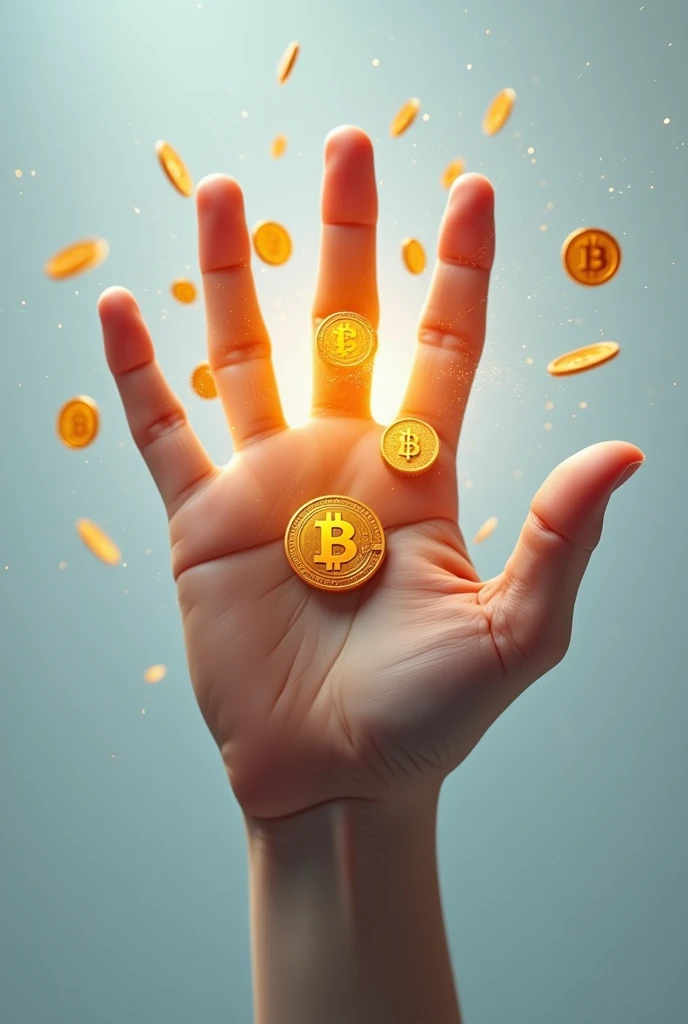 Cryptocurrencies in a hand with 5 fingers 