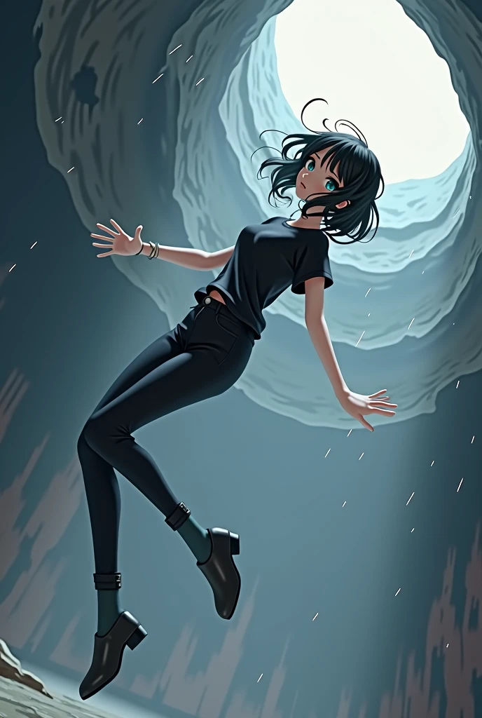 Make an anime girl, falling to the ground, She is wearing a black shirt, black pants her hair is short and channel, she is beautiful, High quality make it fall on the ground, but don't do it on the floor, I want falling