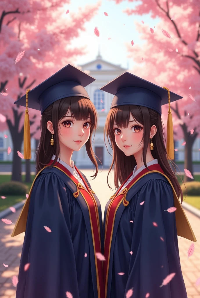 academic gown, academic robe, mortarboard, square cap, university campus, buildings, cherry blossoms, smiling, 2girls, detailed uniform, look at viewer, (SIGMA 85mm f1.4), depth of field, bokeh,  detailed photorealistic background, diffused natural sunlight, diffused natural skin glow, face focus, extremely detailed, (abstract background, zentangle, fractal art:1.3), (many colors, colorful:1.1), (feathers, petals, flowers:1.3), earrings 