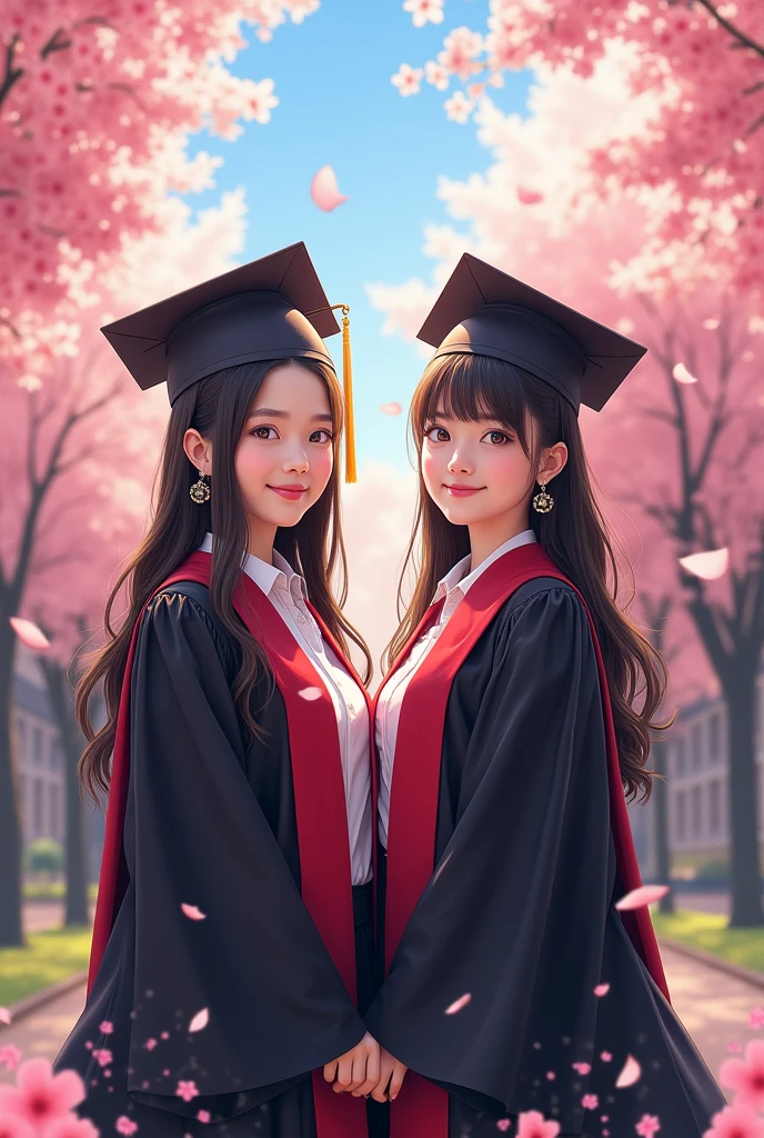 academic gown, academic robe, mortarboard, square cap, university campus, buildings, cherry blossoms, smiling, 2girls, detailed uniform, look at viewer, (SIGMA 85mm f1.4), depth of field, bokeh, detailed photorealistic background, diffused natural sunlight, diffused natural skin glow, face focus, extremely detailed, (abstract background, zentangle, fractal art:1.3), (many colors, colorful:1.1), (feathers, petals, flowers:1.3), earrings