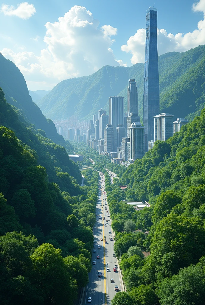 A prosperous city at the bottom of a valley with many trees