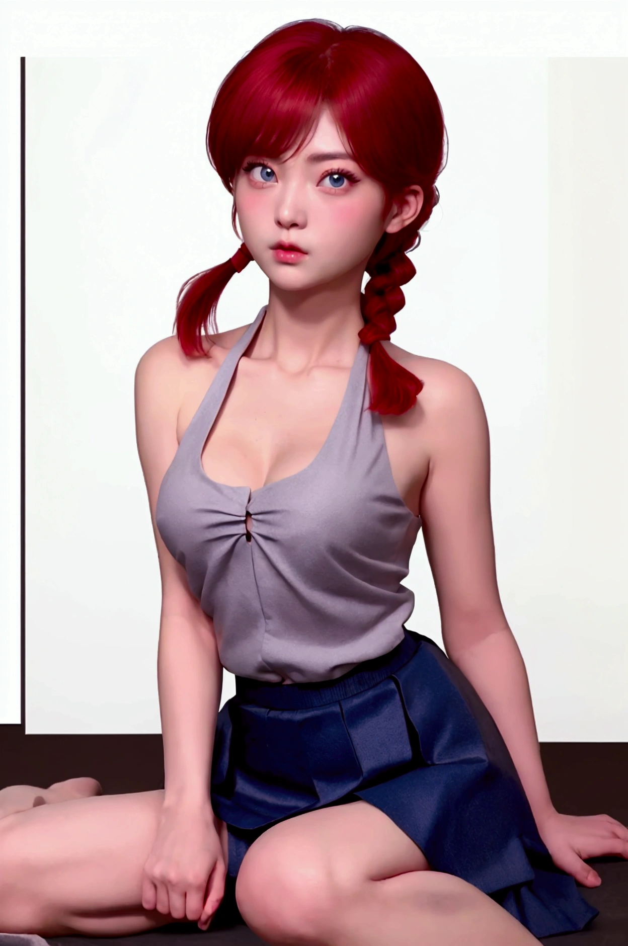 Create Female Ranma, make a girl,Clear contours, Color full-body photo, (beautiful and delicate eyes), (Nice face:1.3), childish face, Short red hair(single ponytail), bumpy bangs, blue gray eyes, big eyes,plump breasts,top: Fitted white halter shirt,Bottom yellow fitted skirt(actual:1.2), (actual上下身是:3.7 scale),face to camera,Bend one foot slightly against the calf of the other leg。