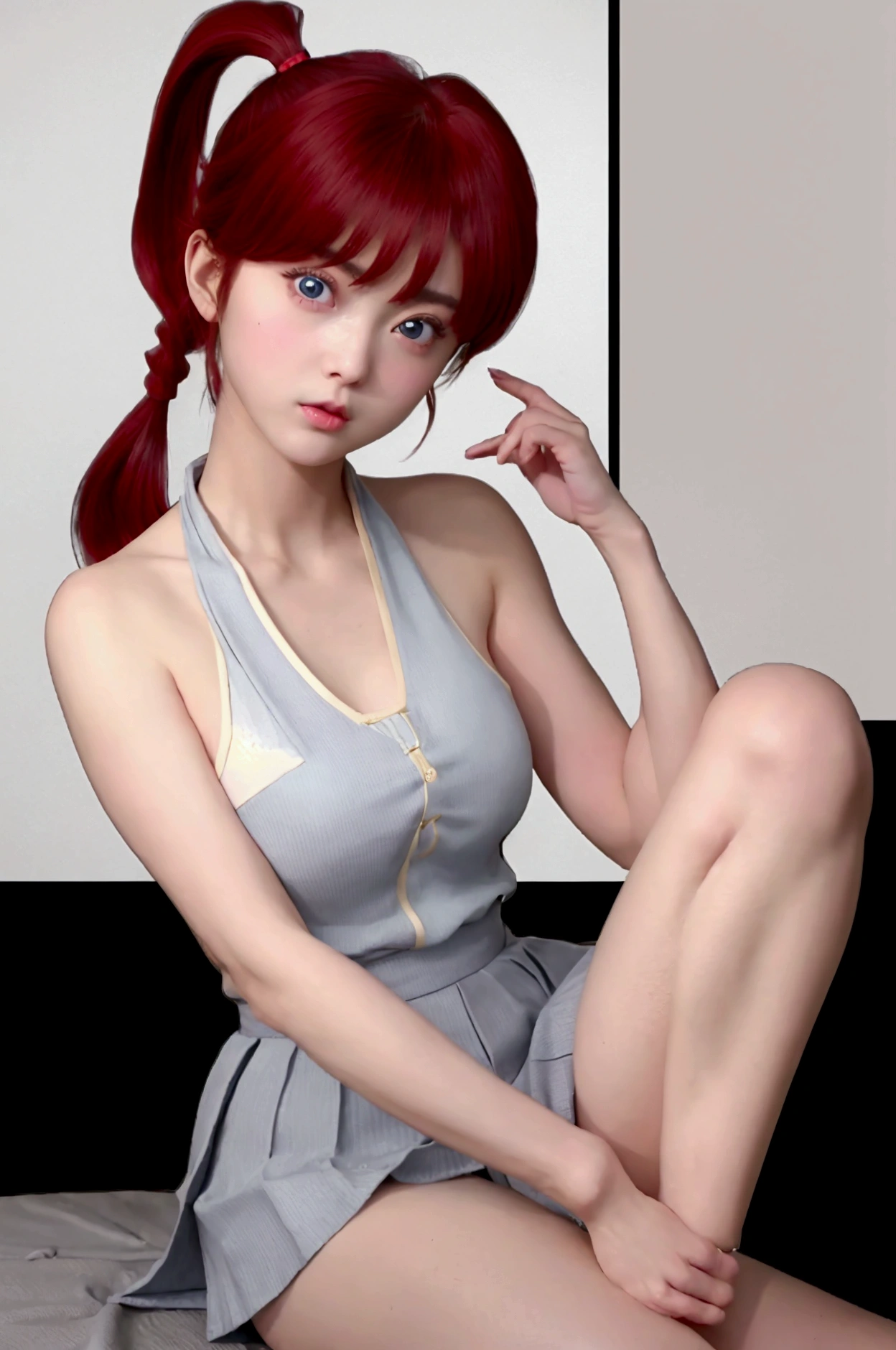 Create Female Ranma, make a girl,Clear contours, Color full-body photo, (beautiful and delicate eyes), (Nice face:1.3), childish face, Short red hair(single ponytail)， bumpy bangs, blue gray eyes, big eyes，plump breasts，top: Fitted white halter shirt,Bottom yellow fitted skirt(actual:1.2),   (actual上下身是:3.7 scale)，face to camera，Bend one foot slightly against the calf of the other leg。