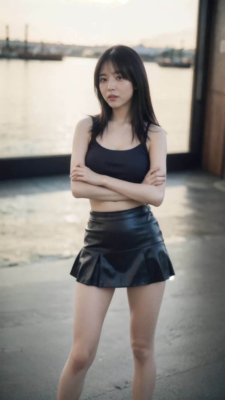 ((1girl)), woman, masterpiece, best quality, highest quality, cinematic lighting, (volumetric lighting), extremely detailed CG unity 8k wallpaper, focused, 8k wallpaper, extremely detailed, ultra realistic, photorealistic, sharp focus, absurdres, (HDR:1.2), (high contrast), photograph, detailed and intricate, instagram, portrait, highly detailed, digital painting, artstation, concept art, smooth, sharp focus, illustration, cinematic lighting, (big breast:1.3), (((skinny, slim legs))), (japanese idol posture), (wearing knit strap tanktop, micro skirt), looking at the viewer, ((Medium body shot, hips level shot)), long hair, (standing), crossed arms, pale skin:1.2.