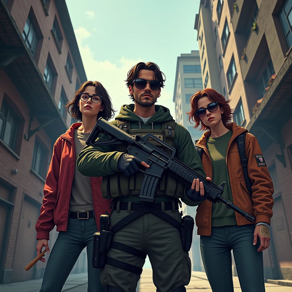 create a banner image of three characters in a wide shot of an armed soldier, a 2 young woman with brown hair wearing dark glasses with a lollipop in her mouth and a gtav type gangster.Don&#39;t forget that there are three characters with HD resolution., Create the long distance shot for more depth
