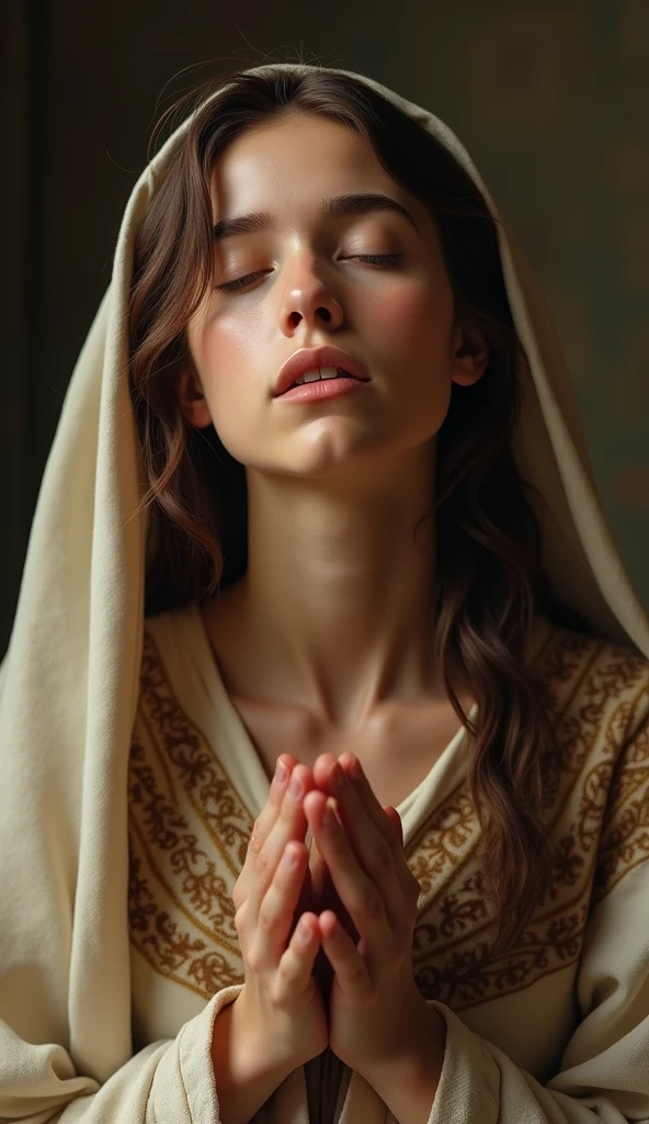 beautiful young Rebecca Hall as Virgin Mary (traditional sabbath clothing of Judea 2024 years ago, brunette, she prays with her arms apart, her palms are reached up,) , blushing, eyes closed, pursed lips, closeup, masterpiece, photorealistic, detailed portrait, high quality, realistic, intricate details, warm lighting, soft focus, dramatic lighting, oil painting, renaissance style