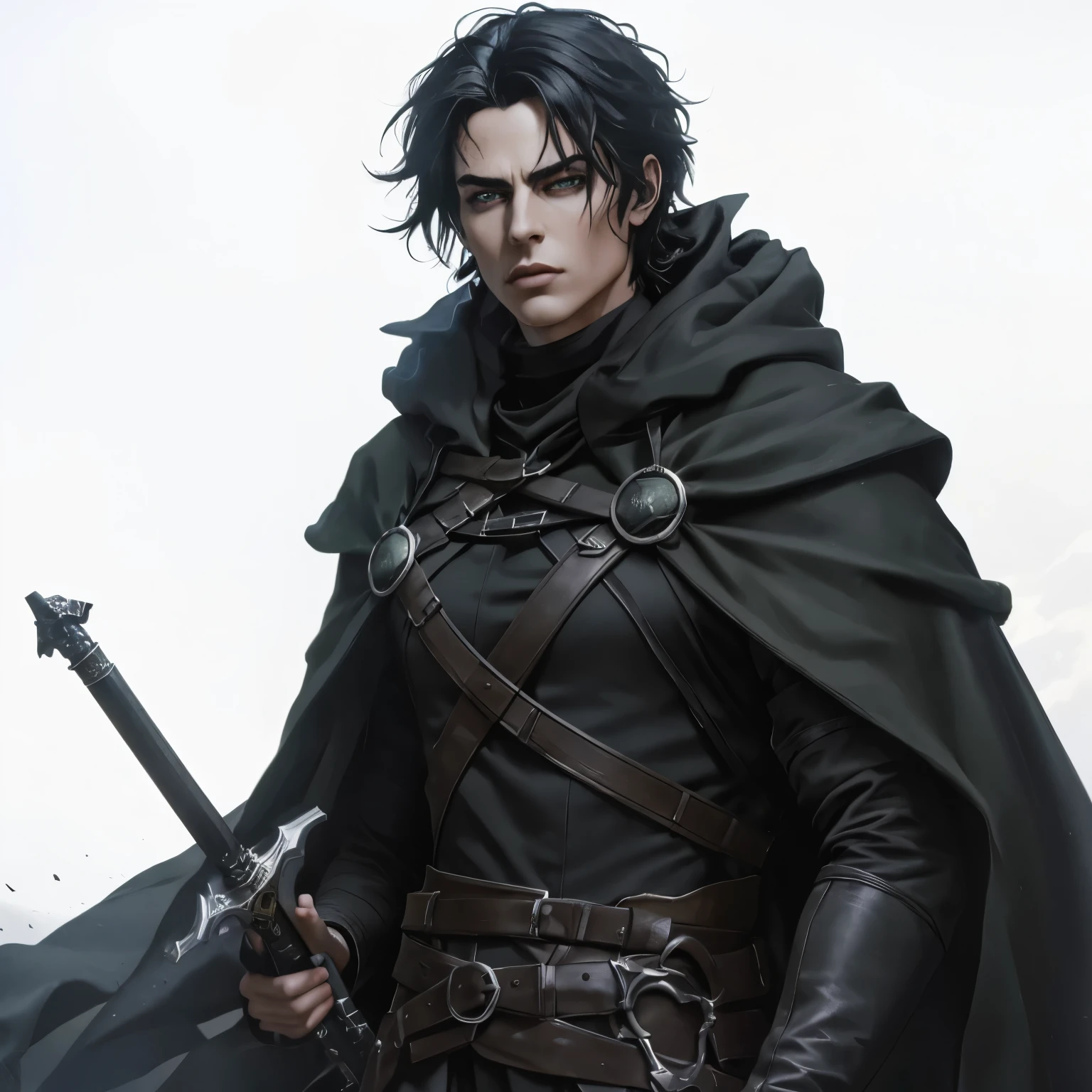 (an androgynous male assassin:1.1),wild black hair,green eyes,slim,black assassin clothing,in a castle,medium:oil painting,detailed background,moody lighting,vivid colors,dark and mysterious ambiance,ominous atmosphere