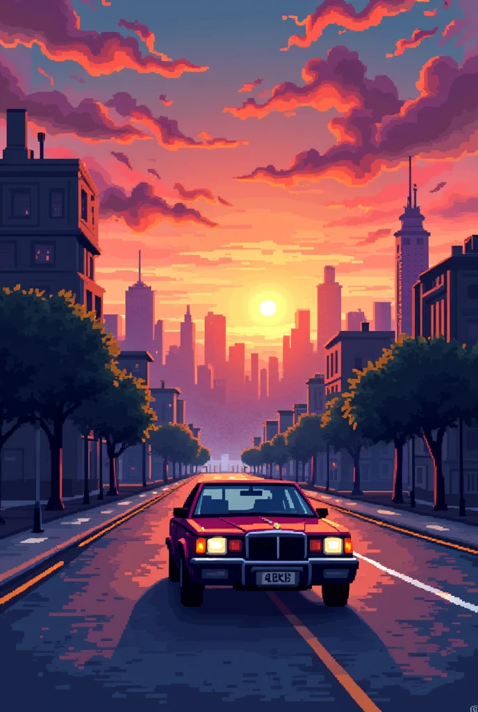 (pixel art)a car in 16-bit pixel art style, Side driving, In the background, you can see a city at sunset, with a sky that combines orange tones, pinks and purples. The city buildings are dimly lit, with windows that begin to shine. The car could be moving, with their headlights on, giving that classic and nostalgic feel of 16-bit games