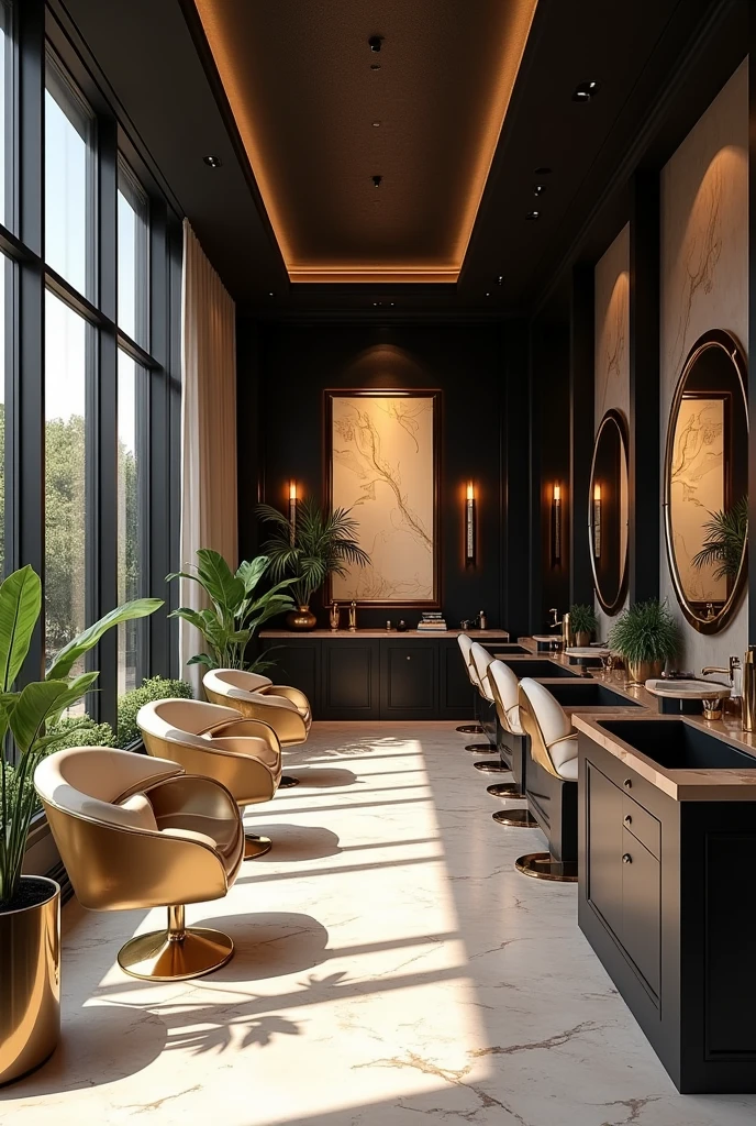 A black and beige beauty salon with gold accents and decorations 