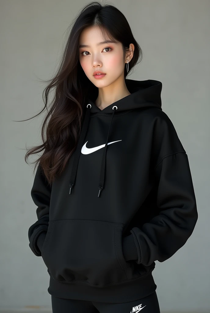 Une belle brune coréenne aux yeux bridés aux cheveux longs portant un sweat-shirt nike a capuche noir Nike et un pantalon noir Nike assorti,
