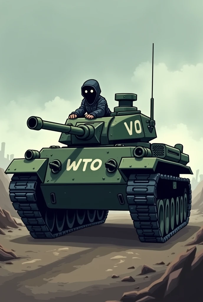 create tank with a dark soldier in cartoon style, with the acronym WtO stamped on it.