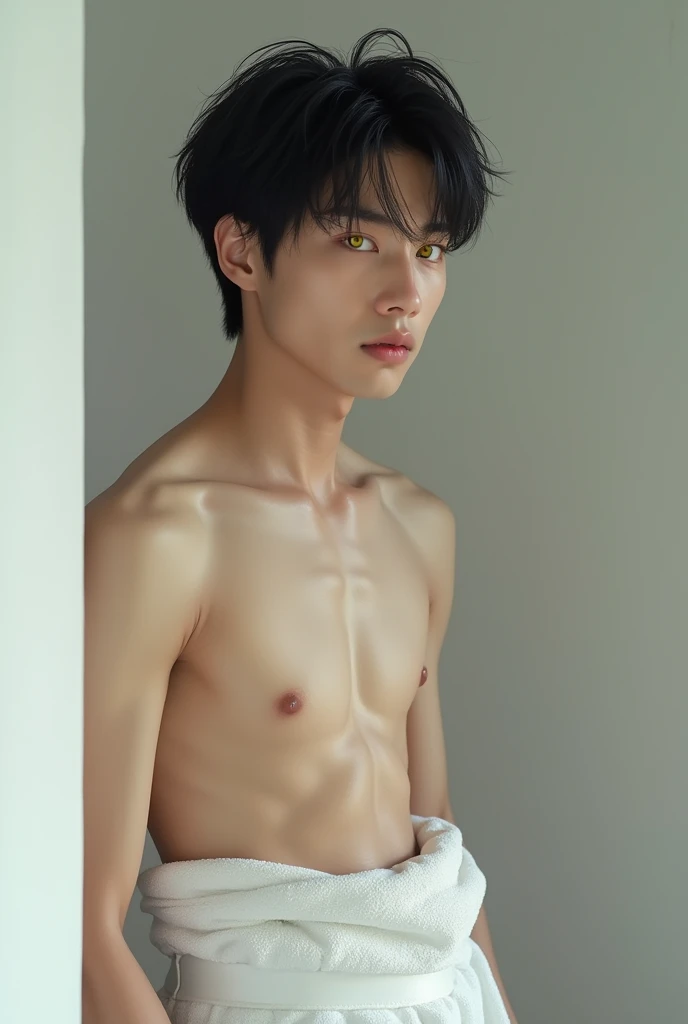 (Complete body) Young Korean man, black hair and yellow eyes, with a towel around his waist and staring straight ahead, pale skin