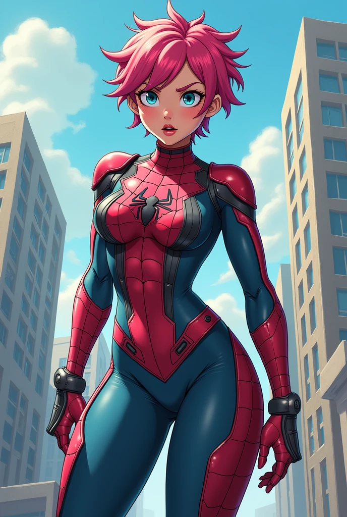 Gwen Stacy, 1chica, medium breast 1 girl, Cabello rubio corto, Mjuy wet and damp skin with sweat, Beautiful photorealistic Cardi B as a mix half Asian half German Gwen Stacy, spider gwen, Marvel Comics, with a high-angle shot with your back to the camera, superhero dynamic action poseTHE CHARACTER IS ON TOP OF A TALL BUILDING, CIUDAD DE MANHATTAN, rubor,vestida de blanco y magenta , areolas sobresalientes, dedo del pie de camello, Director de Escote, hendidura en el pecho, tea party, BDSM, high fantasy, huecograbado, lascivo, Tetono, dynamic  pose, action pose, muy detallado, 8k, high resolusion, solamente, Labios Bimbo, maquillaje, pechos grandes y brillantes, guantes morados, vista de arriba hacia abajo, from above angle, fotorrealista, Cine 4D, Renderizado de octanaje, Innovador, sexy, curvy but slender, Mystical aura, niebla humeante, Estilo Illuminati, use advanced machine learning to create the perfect succubus, solamente, arrodillado, dedo del pie de camello expuesto, Vice Magazine Photography Style, tendencia en pixiv, tendencia en civitai, Perfectcomposition, SFW, Calidad profesional, motor irreal, perfecto, Pose perfecta, perfect angle, manos perfectas dedos perfectos pechos perfectos ajuste perfecto cuerpo perfecto cara cara realista piel perfecta imagen perfecta, perfecto, EL PERSONAJE DEBE ESTAR EN LA PARTE SUPERIOR DE UN EDIFICIO QUE MUESTRE UNA GRAN CIUDAD DEBAJO DE ELLA..
