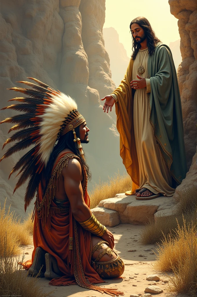 Make me a design for a tattoo where an Apache with a long headdress is kneeling before Jesus of Nasared and the Virgin of Guardalupe