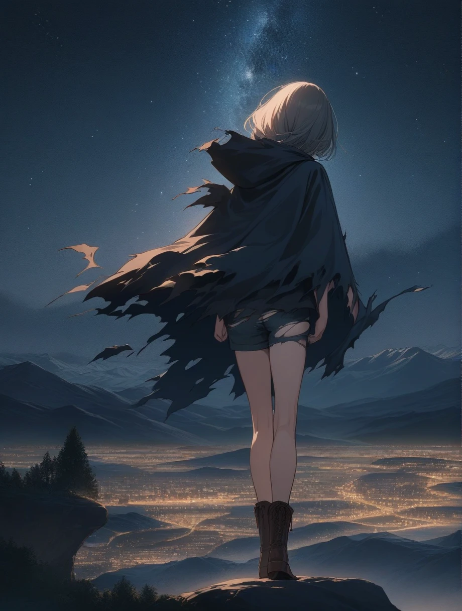 score_9, score_8_up, score_7_up, score_anime, masterpiece, top quality, delicate illustration, sharp lines, sharp focus, BREAK, a traveling girl wandering in the endless night world, the girl wears a hood and has a lot of stuff in her backpack, night , fantastic landscape, beautiful scenery, harmony with nature, spectacular view, space city, (((torn clothes))), (((torn hood))),shorts,boots