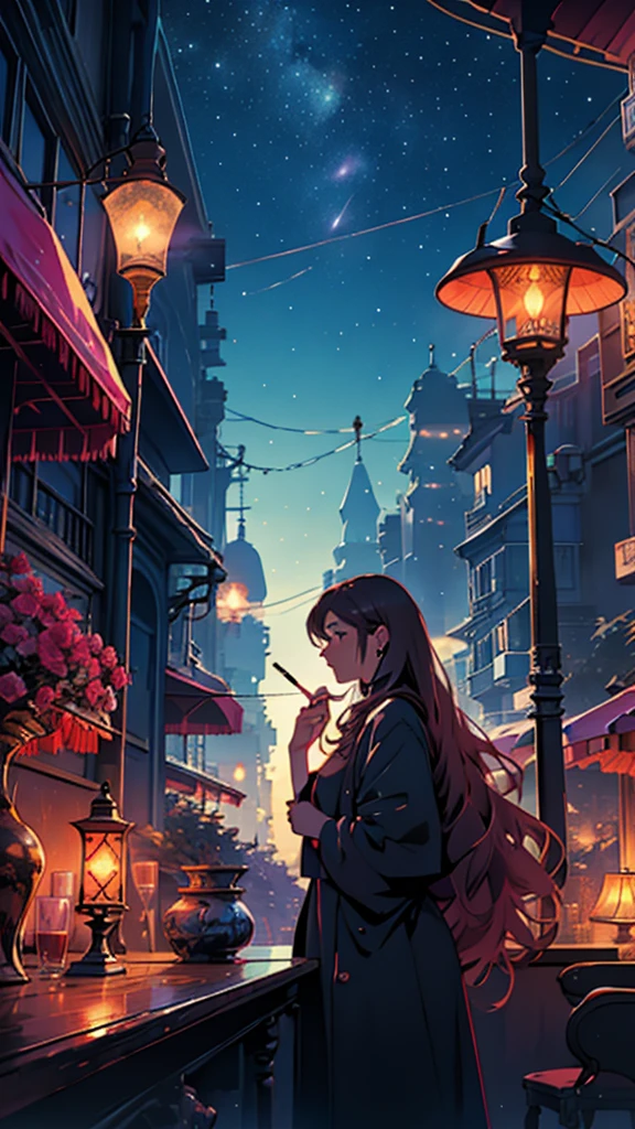 woman in front of a large window overlooking the city at night, starry sky and view of the illuminated city, smoking a cigarette, with long hair, next to a lamp with crimson light
