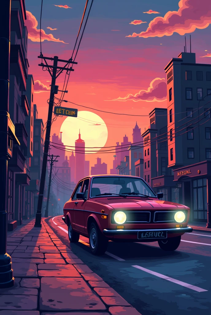 (pixel art)a car in 16-bit pixel art style, Side driving, In the background, you can see a city at sunset, with a sky that combines orange tones, pinks and purples. The city buildings are dimly lit, with windows that begin to shine. The car could be moving, with their headlights on, giving that classic and nostalgic feel of 16-bit games