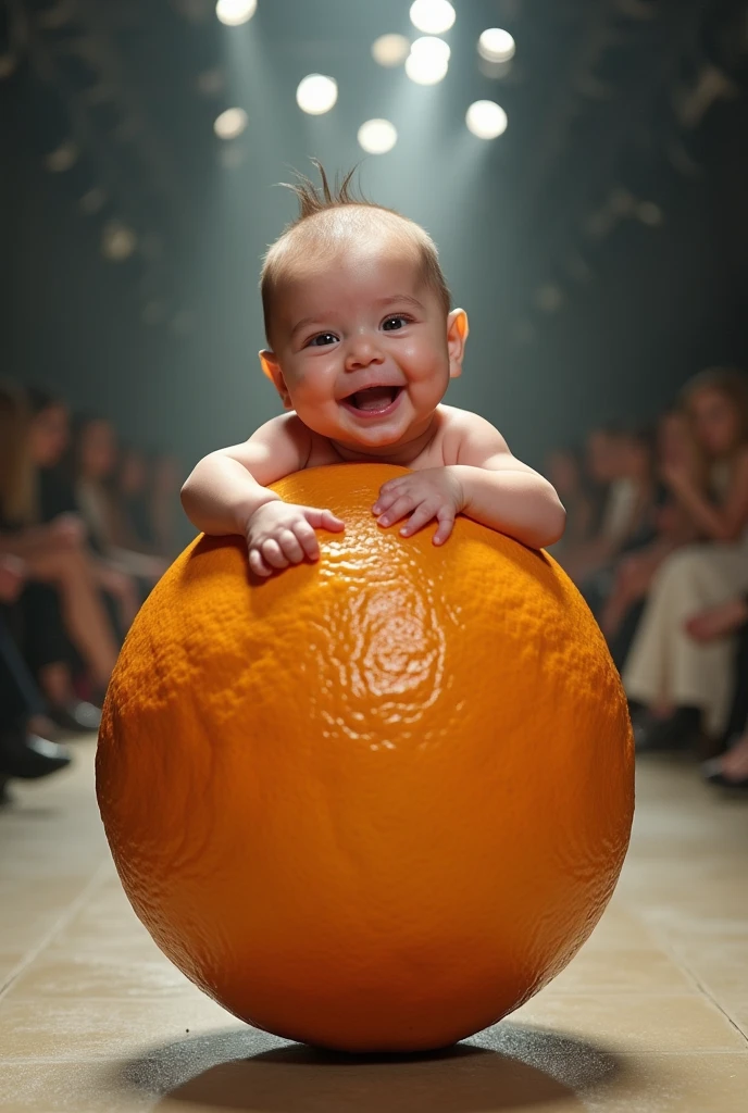 Excessive detail of an Orange with a cute smiling newborn head on top and legs underneath in a real life fashion show.