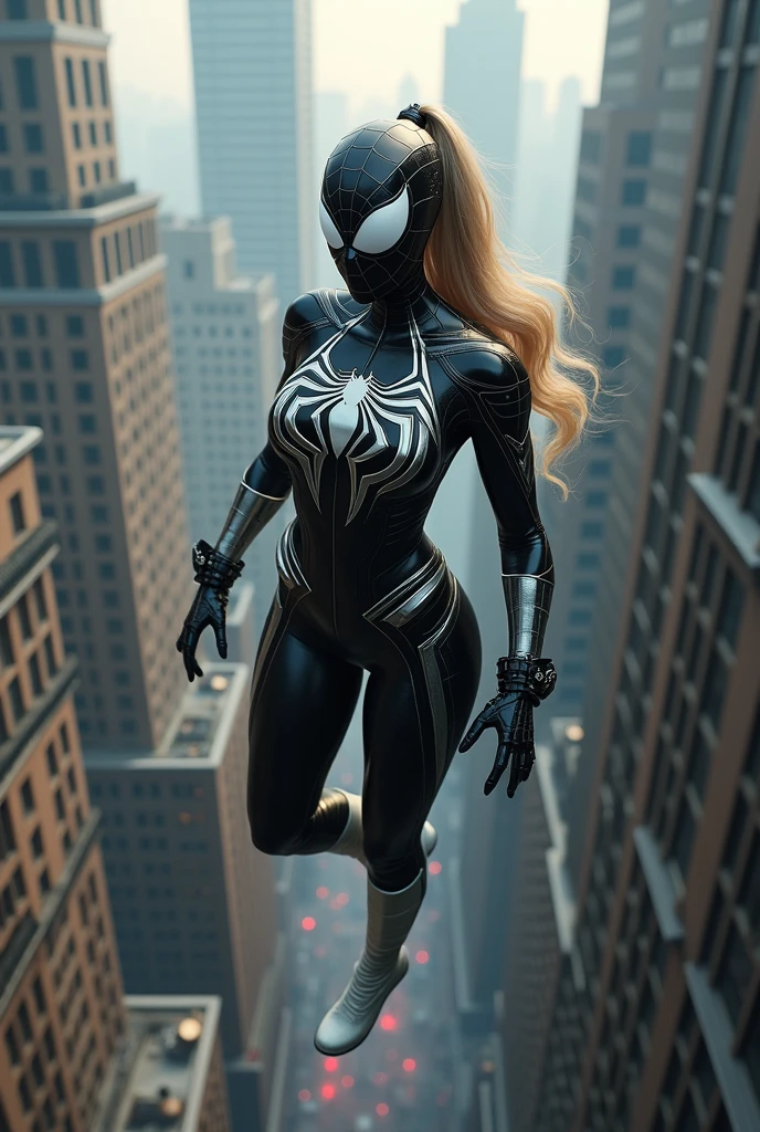 (((Flying between skyscrapers))),(((Spider-woman))),(((A beautiful woman with long blonde hair tied back in a ponytail))),(((bajo el manto de la aracnida Jessica Drew alias Spider-woman))),(((Black arachnid one-piece leather suit))),(((Giant silver spider emblem covering her breasts) and abdomen )),(((Long white boots up to her knees))),(((long white gloves ))),(((With Symbiote skin running all over his skin))),(((Black metal bracelets))),(((Simbionte Spiderman))),(((Black Symbiote Skin))),(((Mask covering half of his face, eyes, white lenses, Spiderman visors))),(((Mask covering part of his face, eyes, white lenses, Spiderman visors))),(((white magic around his entire body)))