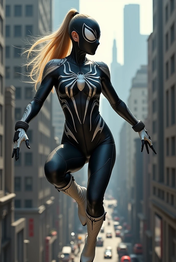 (((Flying between skyscrapers))),(((Spider-woman))),(((A beautiful woman with long blonde hair tied back in a ponytail))),(((bajo el manto de la aracnida Jessica Drew alias Spider-woman))),(((Black arachnid one-piece leather suit))),(((Giant silver spider emblem covering her breasts) and abdomen )),(((Long white boots up to her knees))),(((long white gloves ))),(((With Symbiote skin running all over his skin))),(((Black metal bracelets))),(((Simbionte Spiderman))),(((Black Symbiote Skin))),(((Mask covering half of his face, eyes, white lenses, Spiderman visors))),(((Mask covering part of his face, eyes, white lenses, Spiderman visors))),(((white magic around his entire body)))